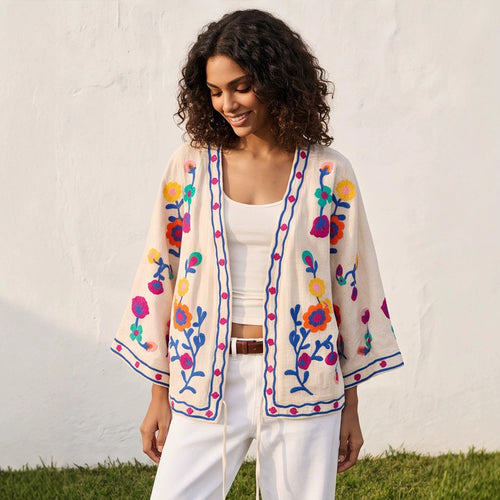 Damen bestickte Leinen‑Überwurfjacke mit folkloristischen Blumenapplikationen Nord Taschen