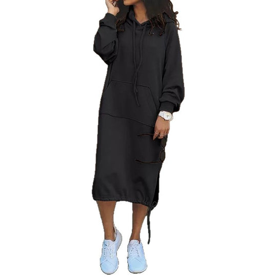 Damen Oversize Hoodie-Midikleid mit Tunnelzugsaum und seitlichen Schlitzdetails Nord Taschen