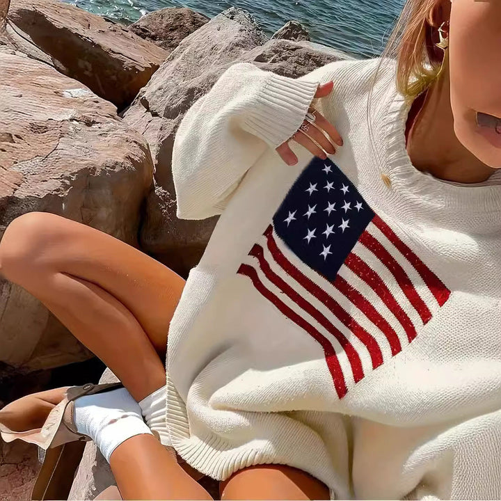 Damen Strickpullover mit amerikanischem Flaggenmotiv