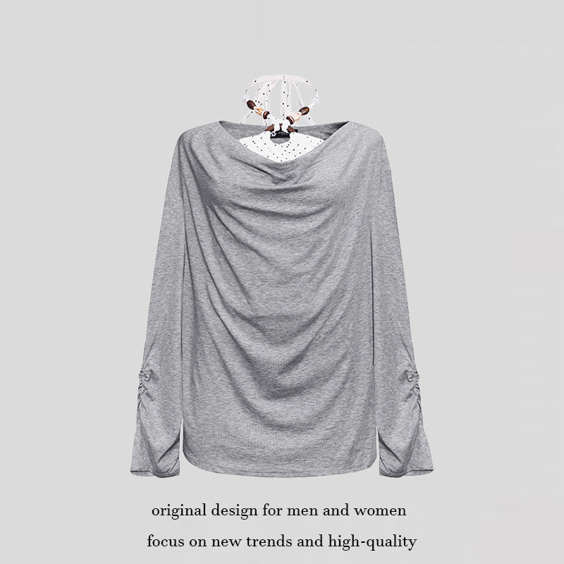 Damen Langes drapiertes Langarmshirt mit Wasserfallkragen und Raffung an den Ärmeln Nord Taschen