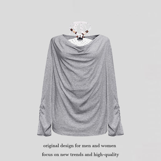 Damen Langes drapiertes Langarmshirt mit Wasserfallkragen und Raffung an den Ärmeln Nord Taschen