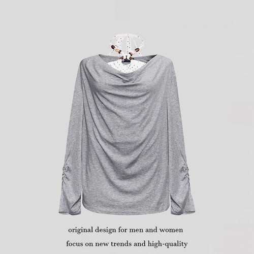 Damen Langes drapiertes Langarmshirt mit Wasserfallkragen und Raffung an den Ärmeln Nord Taschen