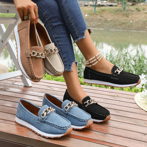 Damen Casual-Plateau-Loafer im Mokassin-Stil mit glitzernder Kettendekor und profilierter Gummisohle Nord Taschen