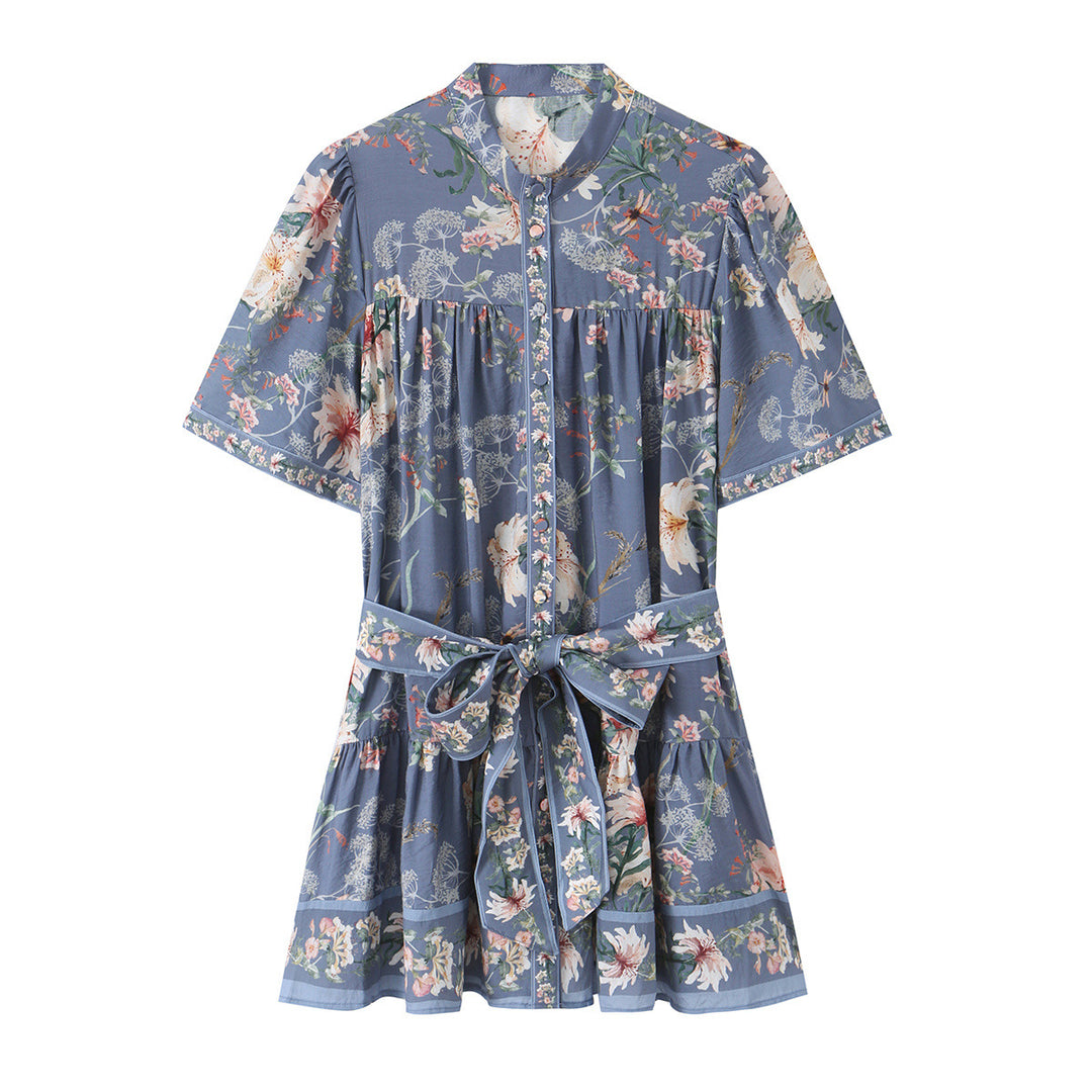 Damen Geblümtes Hemdblusenkleid mit Taillengürtel und stufigem Rock Nord Taschen