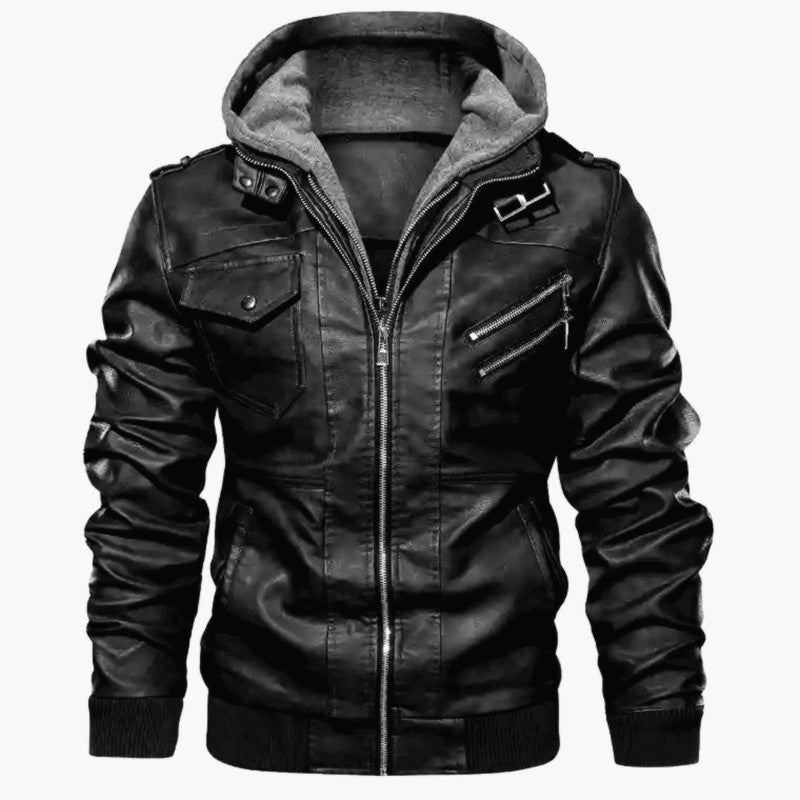 Herren  Lederjacke mit Kapuze, Vintage-Bikerlook und mehreren Reißverschlusstaschen Nord Taschen