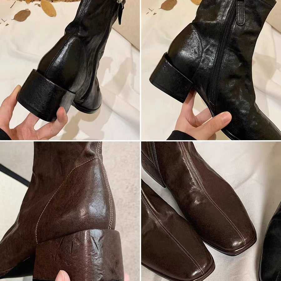 Damen Glattleder-Stiefelette mit schlanker Socken-Passform, innenliegendem Reißverschluss und sculpted Blockabsatz Nord Taschen