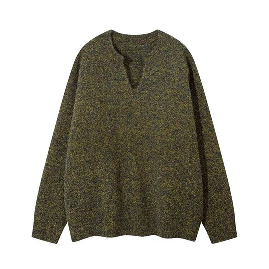 Herren Melangé Grobstrick-Pullover mit V-Schlitz und lockerem Oversize-Schnitt Nord Taschen