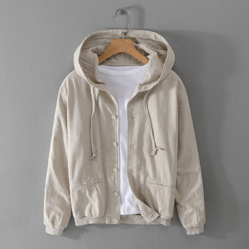 Herren Leichte Leinen-Hoodiejacke mit Knopfleiste und Kordelzug Nord Taschen