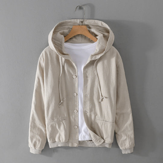 Herren Leichte Leinen-Hoodiejacke mit Knopfleiste und Kordelzug Nord Taschen