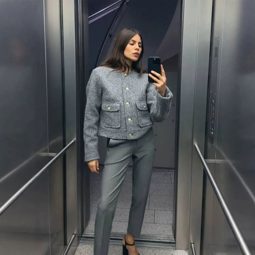 Damen Boxy Wollmix-Boucléjacke im Cabanstil mit Rundhalsausschnitt & goldfarbenen Zierknöpfen Nord Taschen