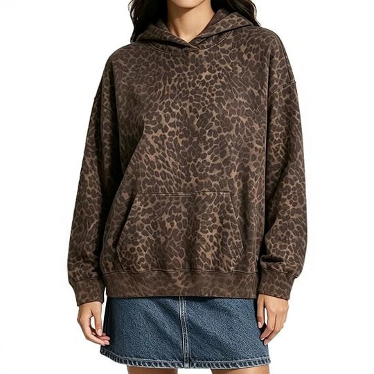 Damen Oversize-Kapuzenpullover mit Leomuster, Kängurutasche und überschnittener Schulter Nord Taschen