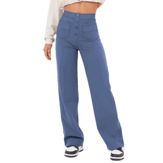 Damen Hochtaillierte weite Hose mit Knopfleiste und aufgesetzten Taschen Nord Taschen