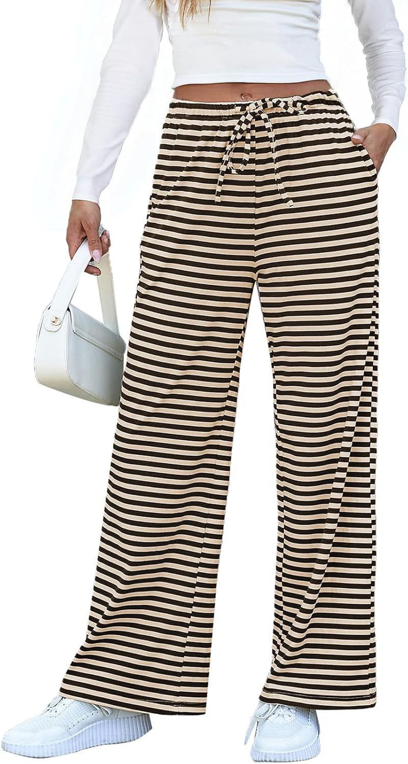 Damen weite Streifenhose mit elastischem Bund und Kordelzug