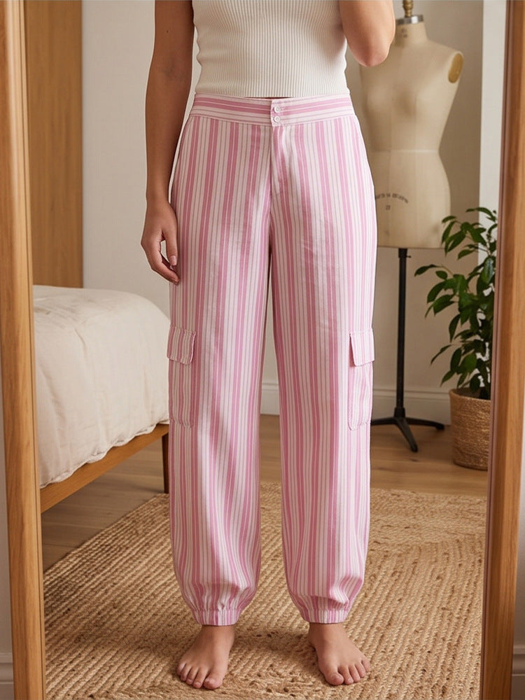 Damen Gestreifte Cargo-Loungehose mit hohem Bund, elastischem Knöchelabschluss und Pattentaschen Nord Taschen