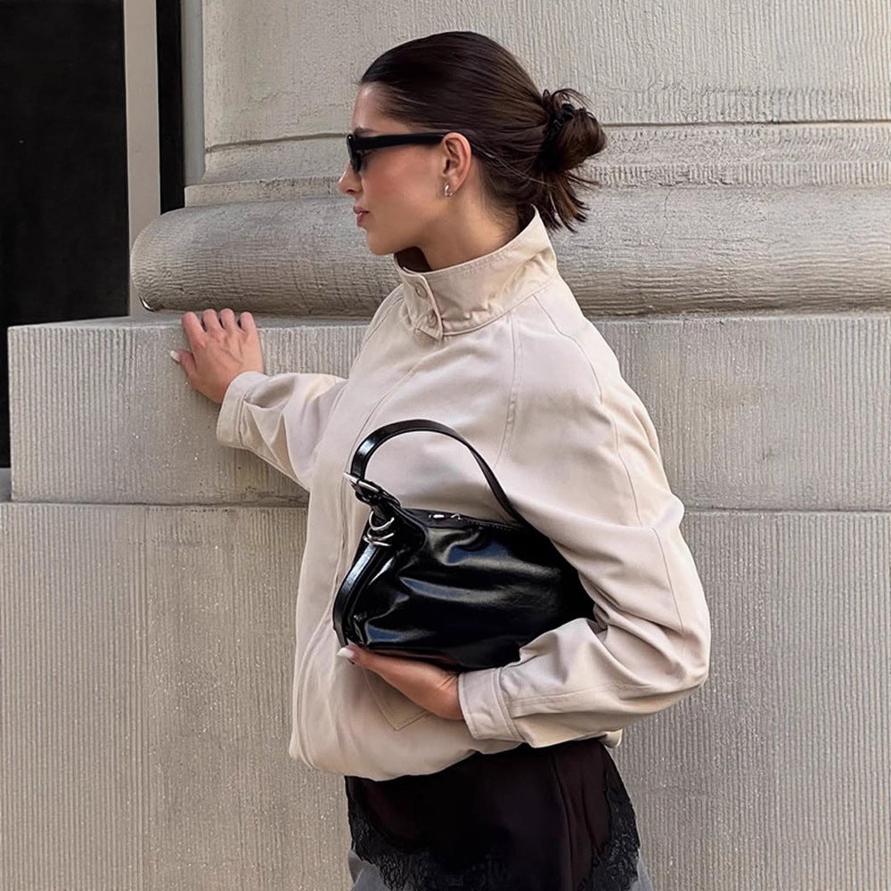 Damen Leichter taillierter Cropped-Bomber mit hohem Stehkragen und Raglanärmeln Nord Taschen