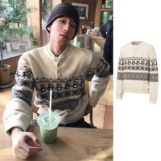 Herren Grobstrickpullover mit Knopfleiste und modernem Muster Nord Taschen