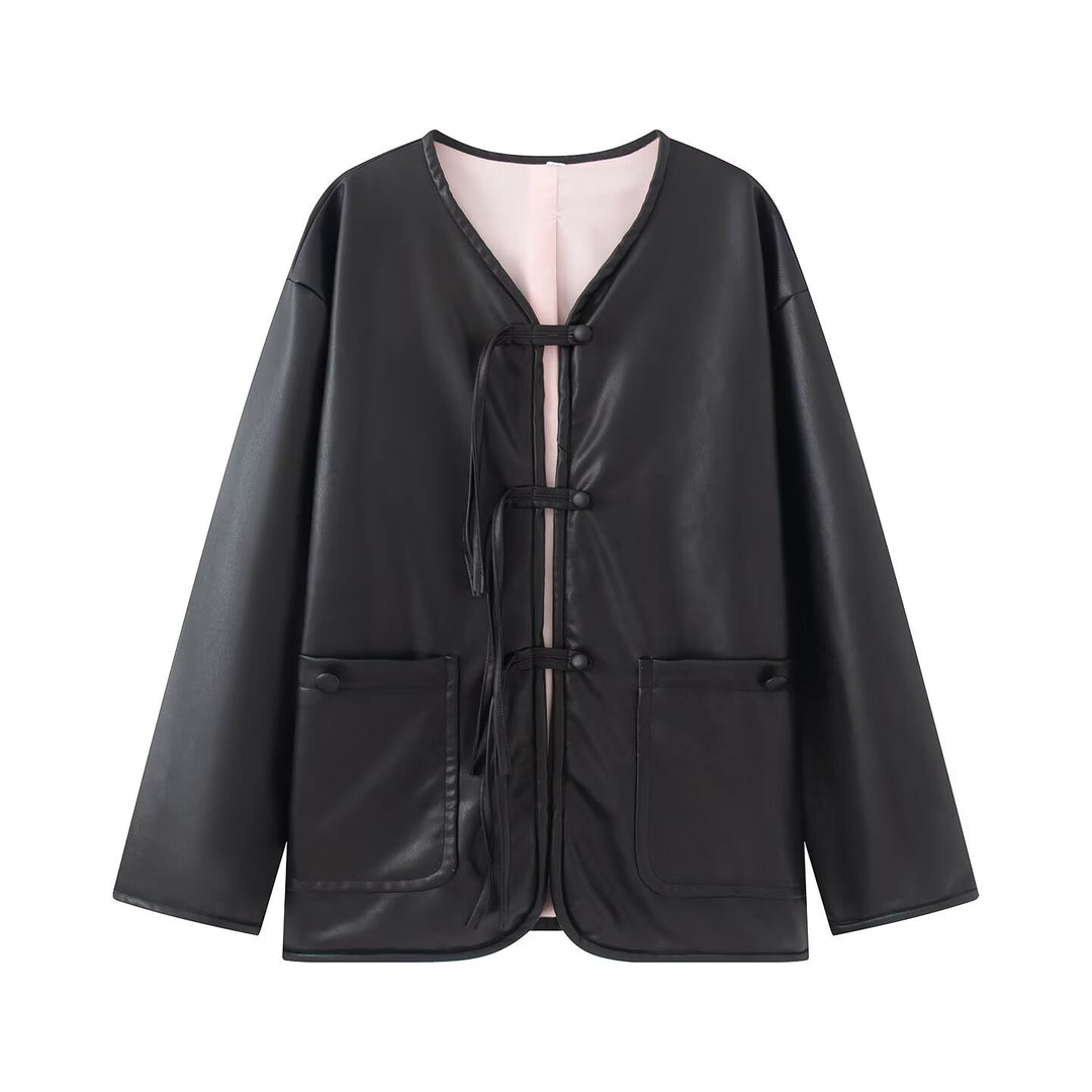 Damen Oversize Kunstlederjacke mit Bindebändern und aufgesetzten Taschen Nord Taschen