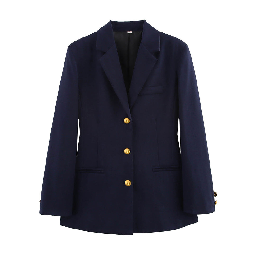 Damen karierten Blazer mit goldenen Knöpfen und praktischen Taschen Nord Taschen