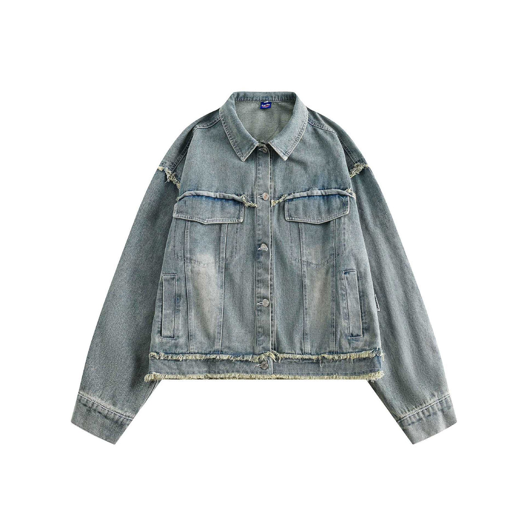 Unisex Oversize Denim-Blousonjacke mit Fransenabschlüssen und Utility-Taschen Nord Taschen