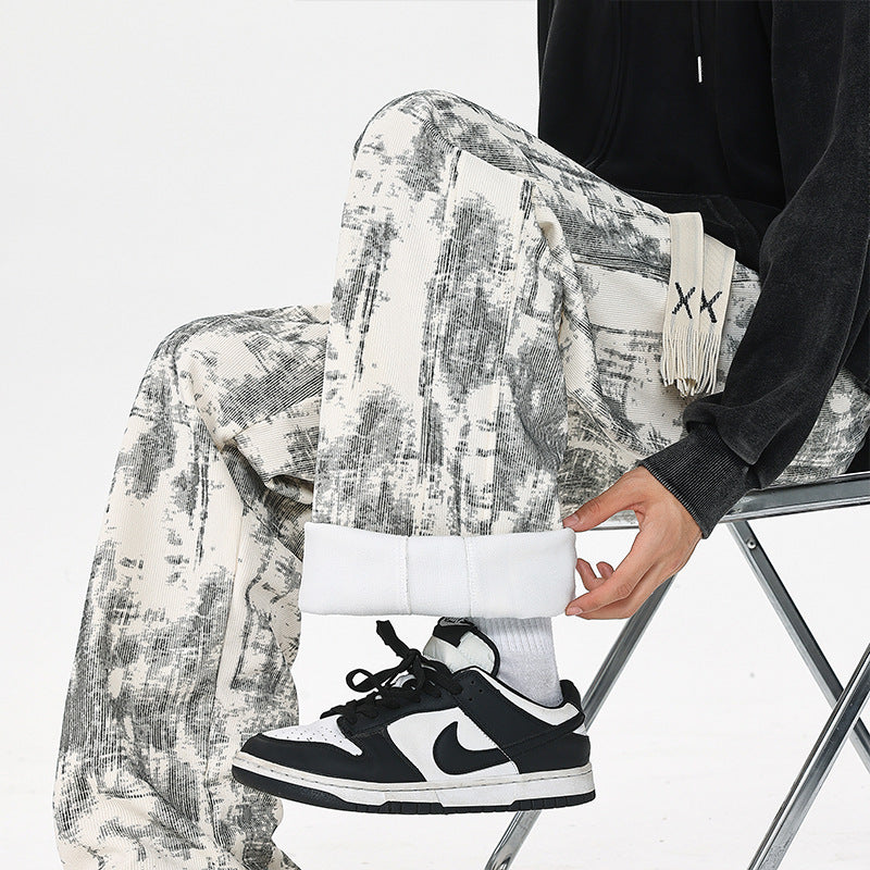 Herren Weit geschnittene Loungehose mit abstraktem Allover‑Print, elastischem Bund und Tunnelzug Nord Taschen