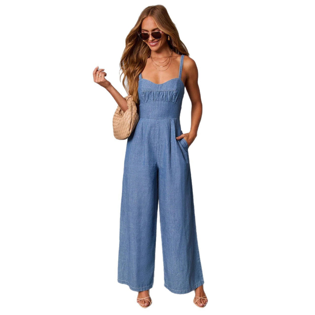 Damen lässiger Denim-Jumpsuit mit elegantem Bustier-Oberteil und weitem Bein