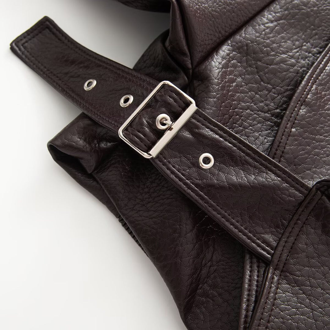 Damen Kurzgeschnittene Wickeljacke aus Lederoptik mit großem Schalkragen und Taillengürtel Nord Taschen