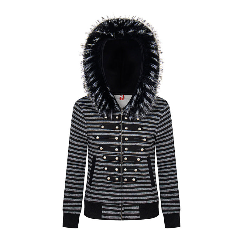 Damen Kapuzen‑Sweatjacke mit Kunstfellbesatz und militärischer Zierknopfreihe Nord Taschen