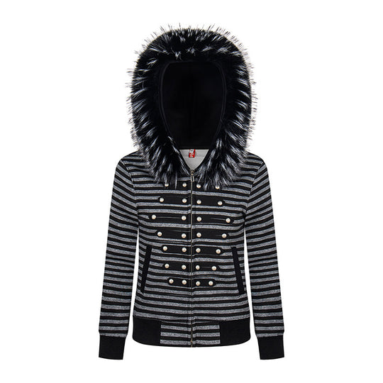 Damen Kapuzen‑Sweatjacke mit Kunstfellbesatz und militärischer Zierknopfreihe Nord Taschen