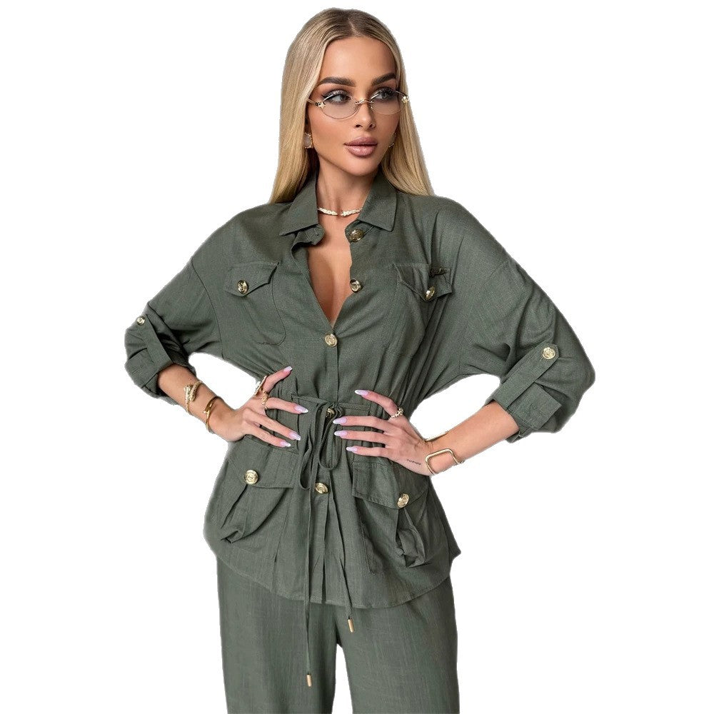 Damen Leinenoptik Utility-Hemdjacke mit Tunnelzugtaillierung und goldenen Zierknöpfen Nord Taschen
