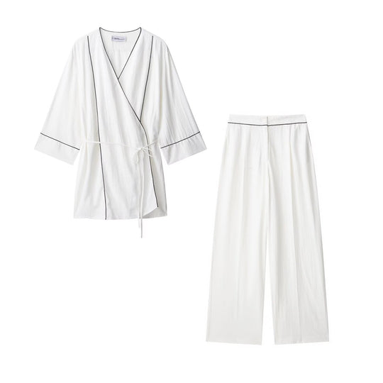Damen Kimono-Cardigan mit Bindegürtel und Kontrastpaspel Nord Taschen
