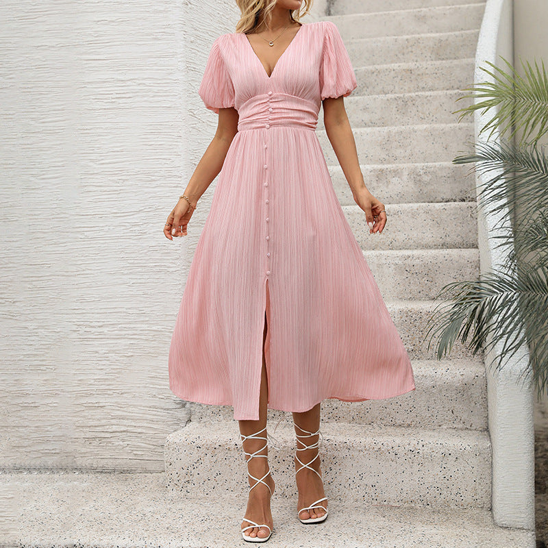 Damen Figurumschmeichelndes Midikleid mit Rippstruktur, Puffärmeln und V‑Ausschnitt Nord Taschen