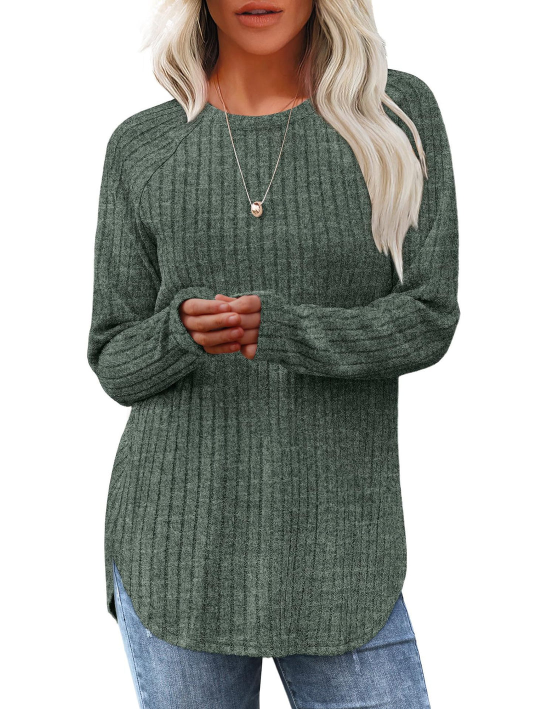 Damen gerippter Strickpullover mit Rundhalsausschnitt Oversize-Passform und Seitenschlitzen Nord Taschen