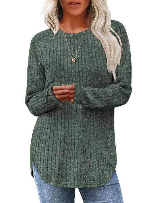 Damen gerippter Strickpullover mit Rundhalsausschnitt Oversize-Passform und Seitenschlitzen Nord Taschen