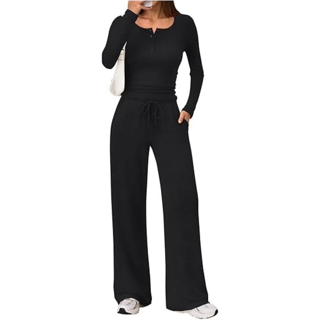 Damen Zweiteiliges Lounge-Set mit Henley-Top und weitem Jogginghose Schnitt Nord Taschen