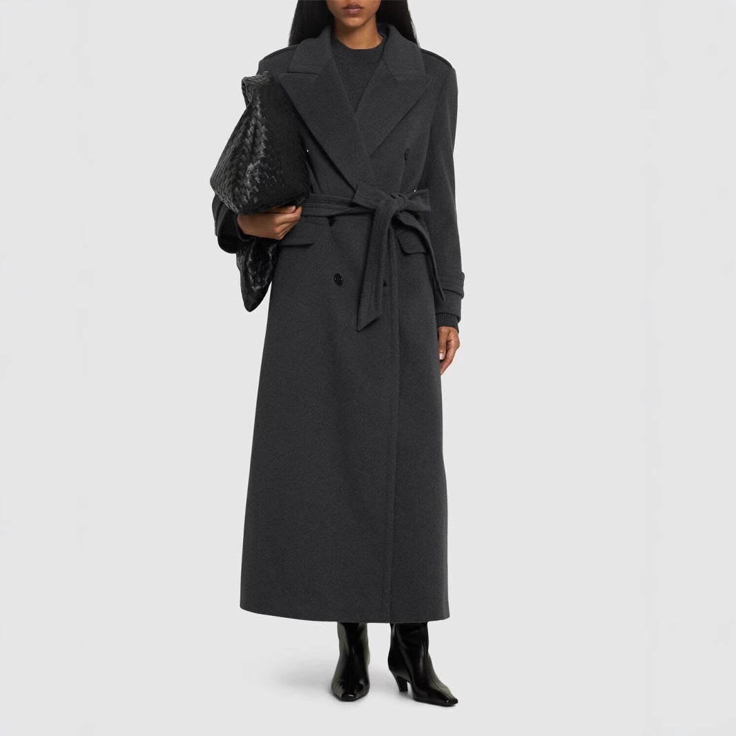 Damen Langer Doppelreihiger Wollmantel mit Taillengürtel Nord Taschen