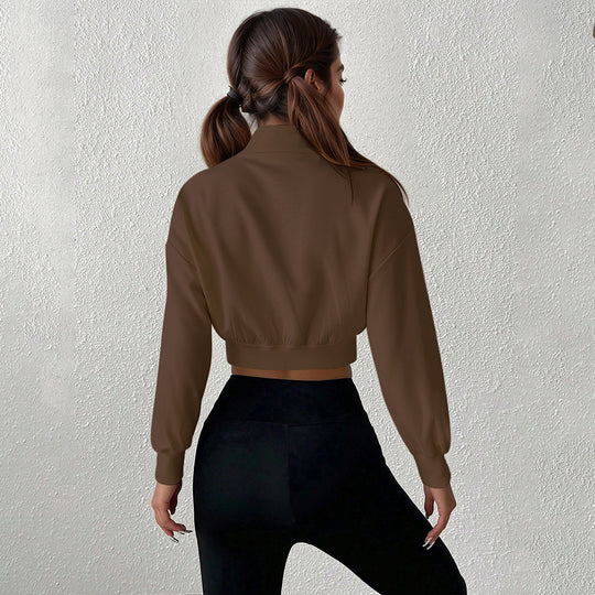 Damen kurzes Stehkragen-Sweatshirt mit halbem Reißverschluss, tailliertem Rippenbund und Daumenloch-Ärmeln Nord Taschen