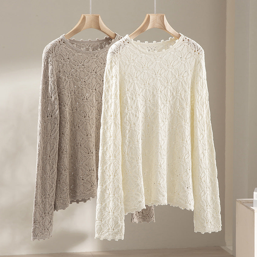 Damen Feines Häkel-Longsleeve mit floraler Lochmuster-Struktur und legerer Silhouette Nord Taschen