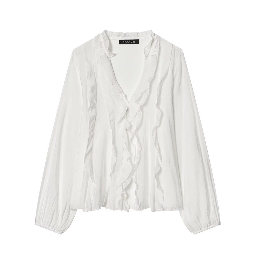 Damen Leichte Chiffon-Bluse mit Volantknopfleiste und Ballonärmeln Nord Taschen