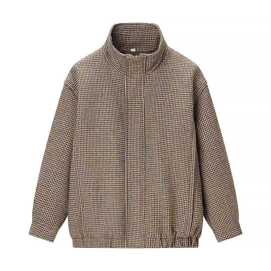 Damen Kurze Oversize-Übergangsjacke im Hahnentritt-Muster mit Stehkragen und elastischem Saum Nord Taschen