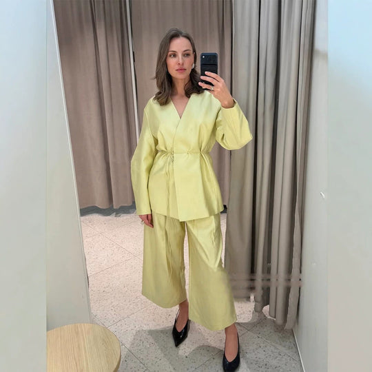 Damen Wickelblazer mit Tunnelzug und weiter Culotte‑Hose Zweiteiler Nord Taschen