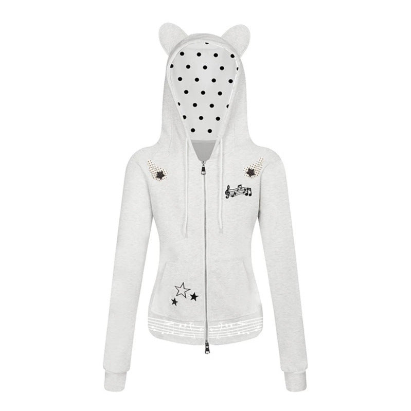 Damen Kapuzen-Sweatjacke mit Bärenohren, Reißverschluss, musikalischem Print und Polka-Lining Nord Taschen