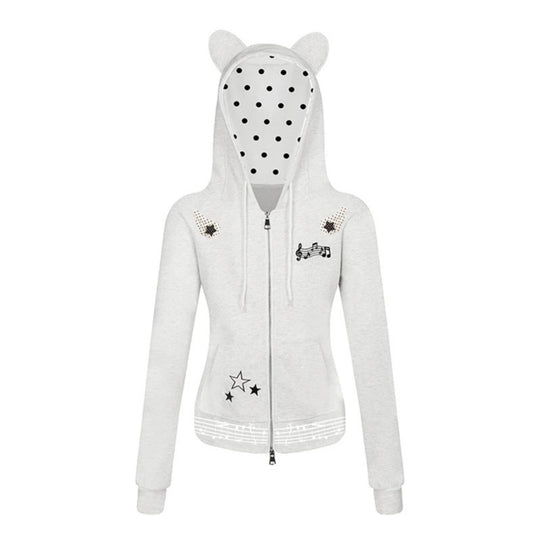 Damen Kapuzen-Sweatjacke mit Bärenohren, Reißverschluss, musikalischem Print und Polka-Lining Nord Taschen