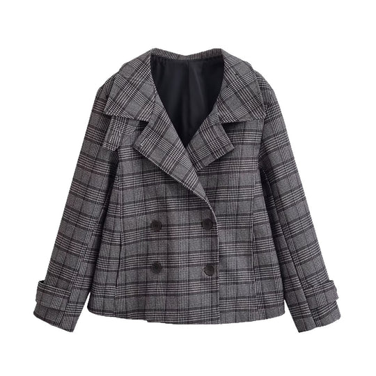 Damen Cropped Doppelreiher-Blazer im Glencheck mit oversized Revers und Umschlagärmeln Nord Taschen
