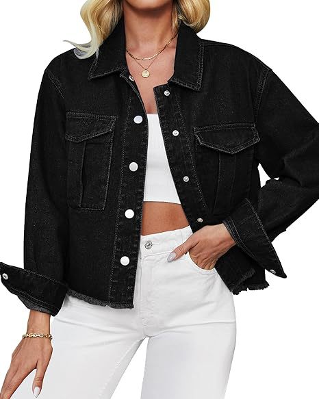 Damen Kurz geschnittene Oversize-Jeansjacke mit rohem Saum und aufgesetzten Brusttaschen Nord Taschen