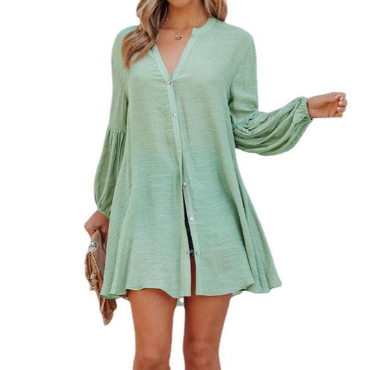 Damen Lässige Bluse mit Ballonärmeln und durchgehender Knopfleiste