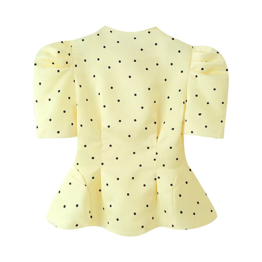 Damen Taillierte Satinbluse mit Puffärmeln, Stehkragen und Polka‑Dot‑Print Nord Taschen