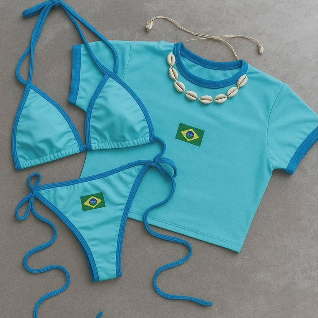 Damen Bikini-Set mit sportlichem Crop-Top und trendigem Brasilien-Flaggen-Design Nord Taschen