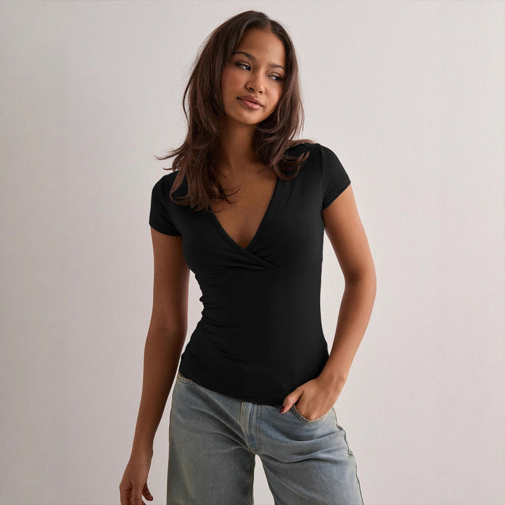 Damen Stilvolles Wickel V-Ausschnitt Top