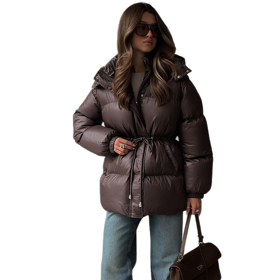 Damen Taillierte Steppjacke in Daunenoptik mit Tunnelzug und Kapuze Nord Taschen