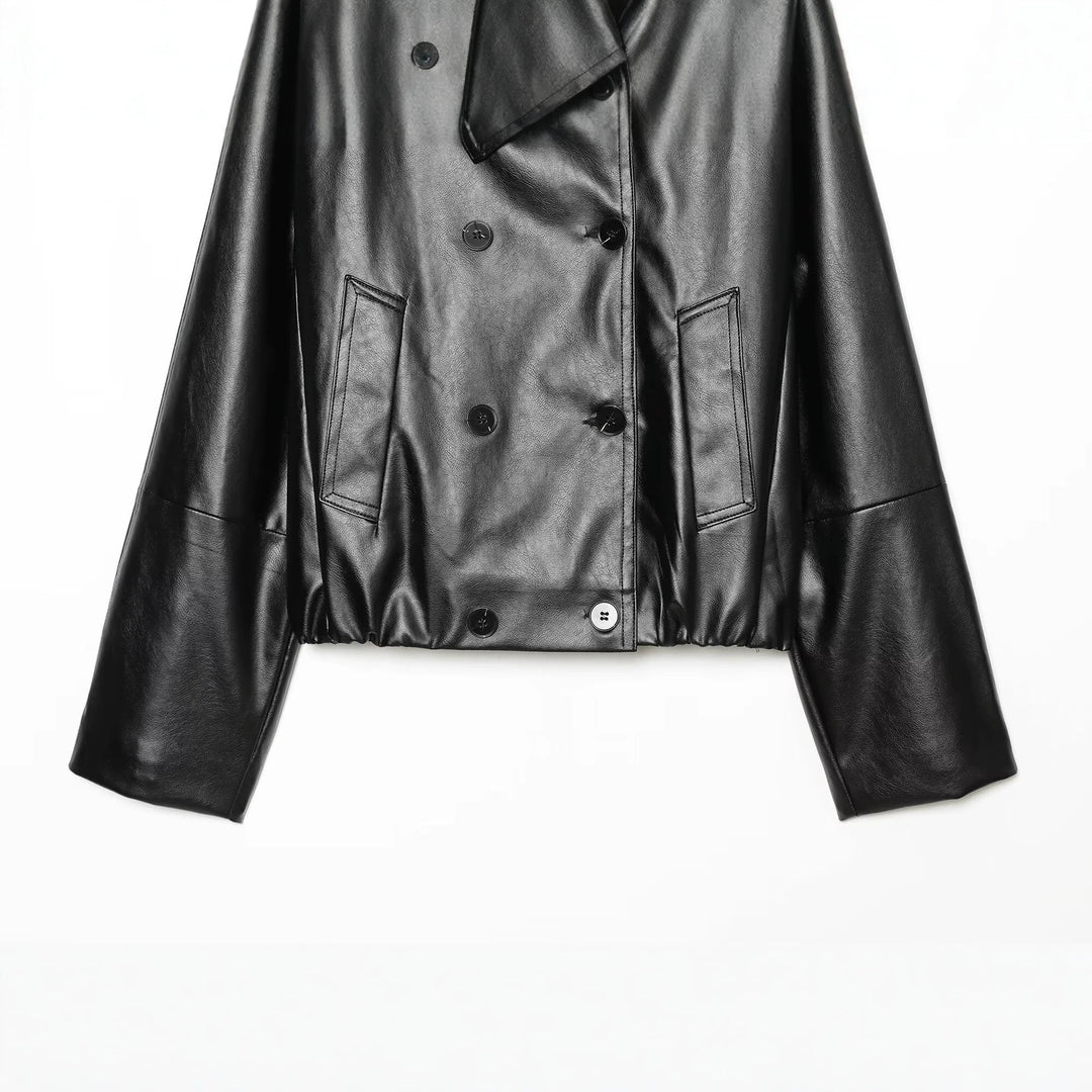 Damen Cropped Kunstlederjacke mit weitem Funnelkragen und doppelreihiger Knopfleiste Nord Taschen